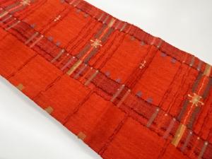 手織り真綿紬変わり格子に抽象模様織出し名古屋帯